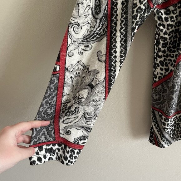 Weekends by Chicos Women Sz 2 L Black/Gray/Red Drawstring Cowl Neck L/Sleeve Top - Picture 4 of 10